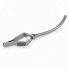 DeBakey Cross-Action Bulldog Clamp – Curved, 40 mm — reverse three-quarter view, catalogue illustration on white background