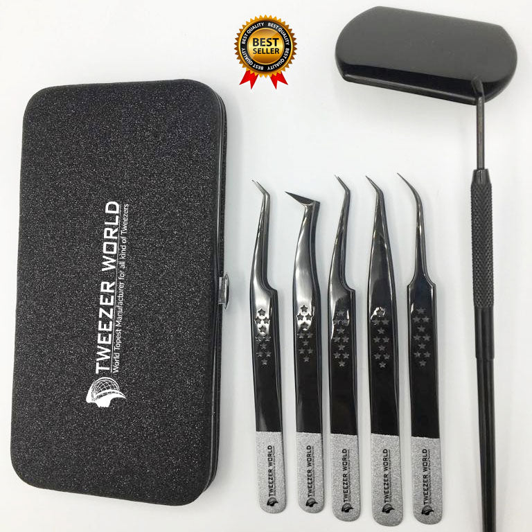 5 Pcs Titanium Black Coated Eyelash Extension Tweezers Set with Eyelash Mirror and Magnet Box