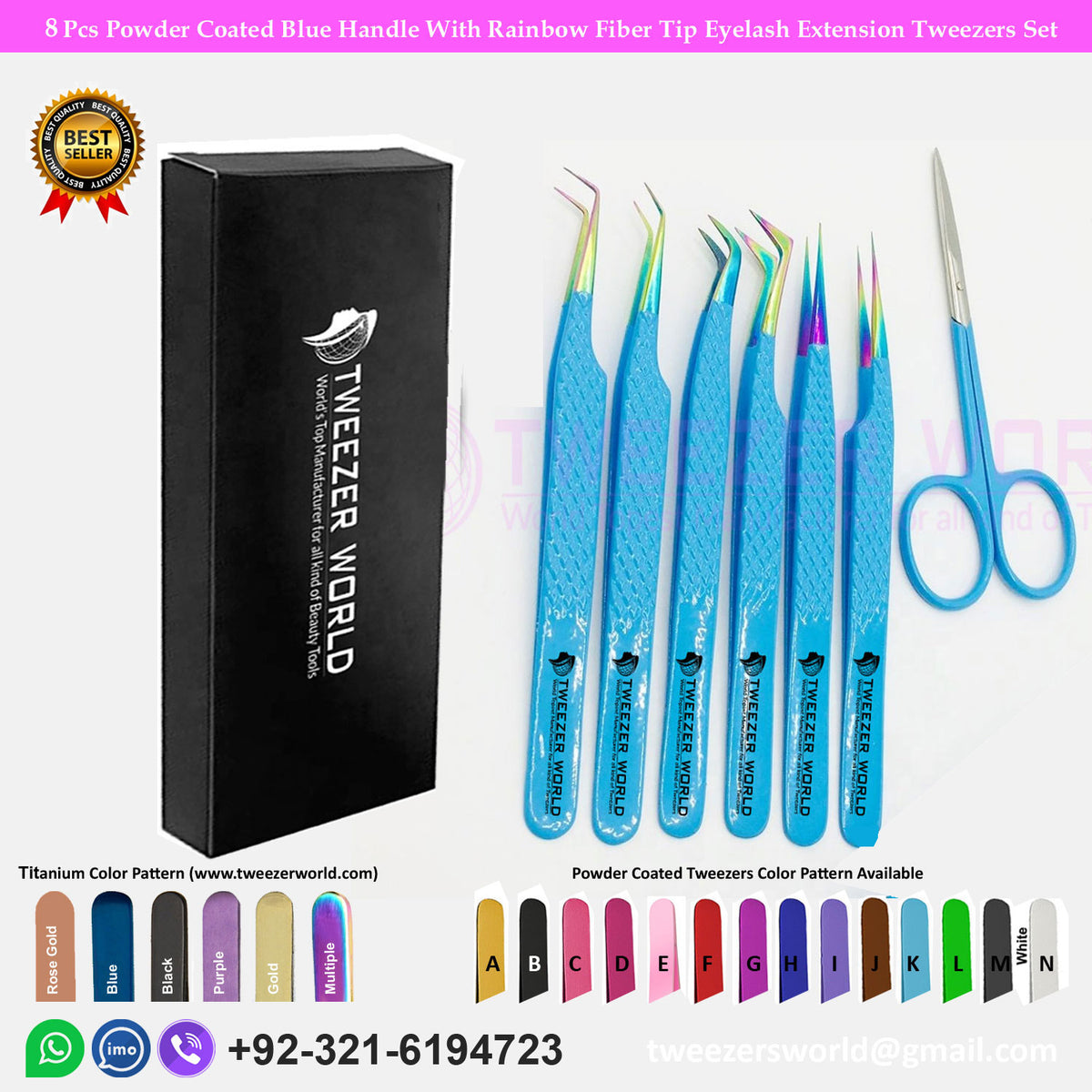 8 Pcs Powder Coated Blue Handle With Rainbow Tip Eyelash Extension Tweezers Set