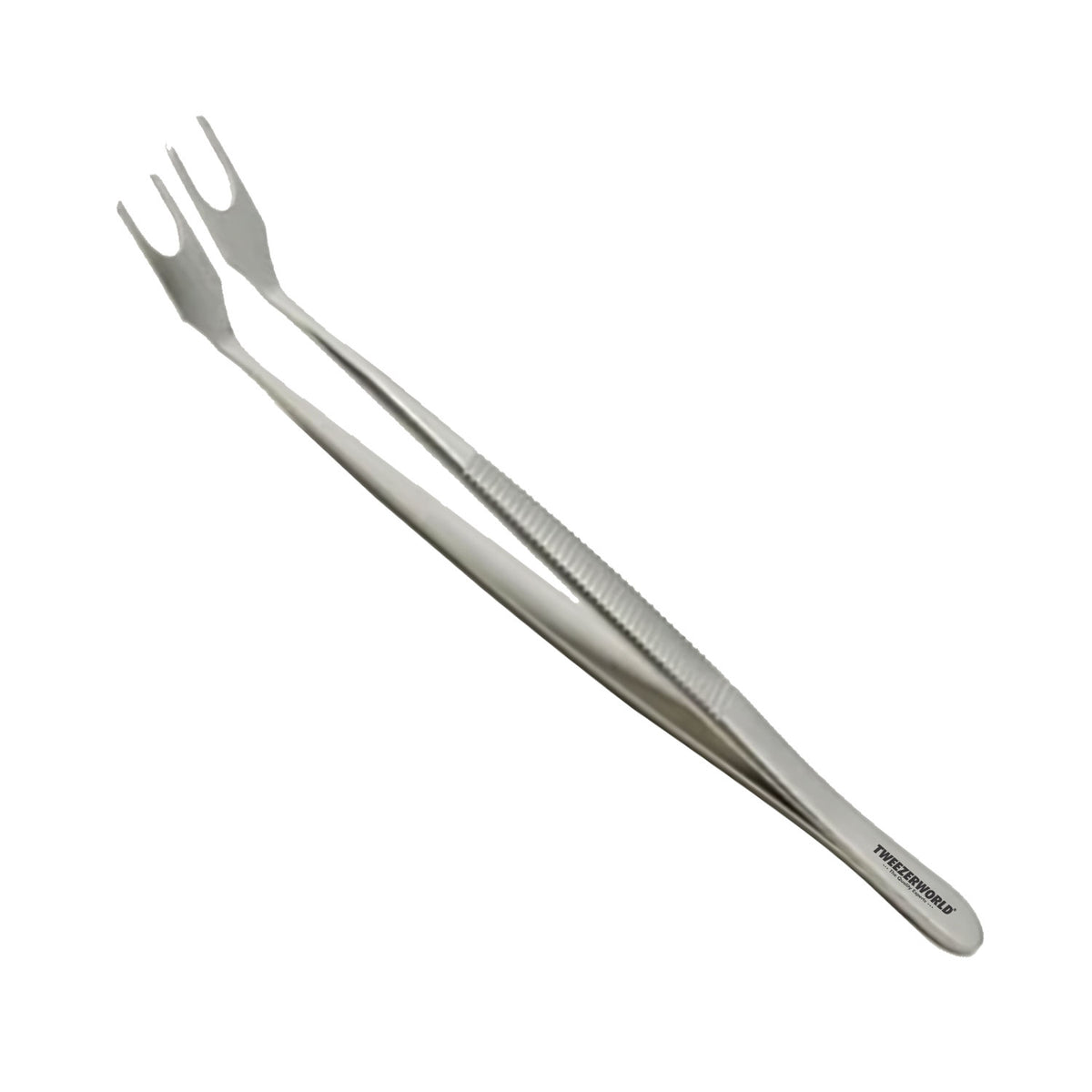 A pair of stainless steel micro force tweezers with a forked tip, shown diagonally on a plain white background.