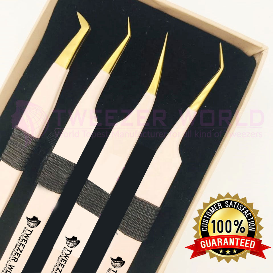 4 Powder Coated Nude Color with Stainless Steel Tip Eyelash Extension Tweezers Set