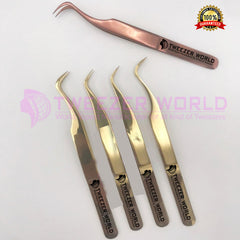 5 Pcs Titanium Rose Gold With Fiber Tip Eyelash Extension Tweezers Set