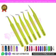 6 Pcs Powder Coated Green With Silver Fiber Tip Eyelash Extension Tweezers Set