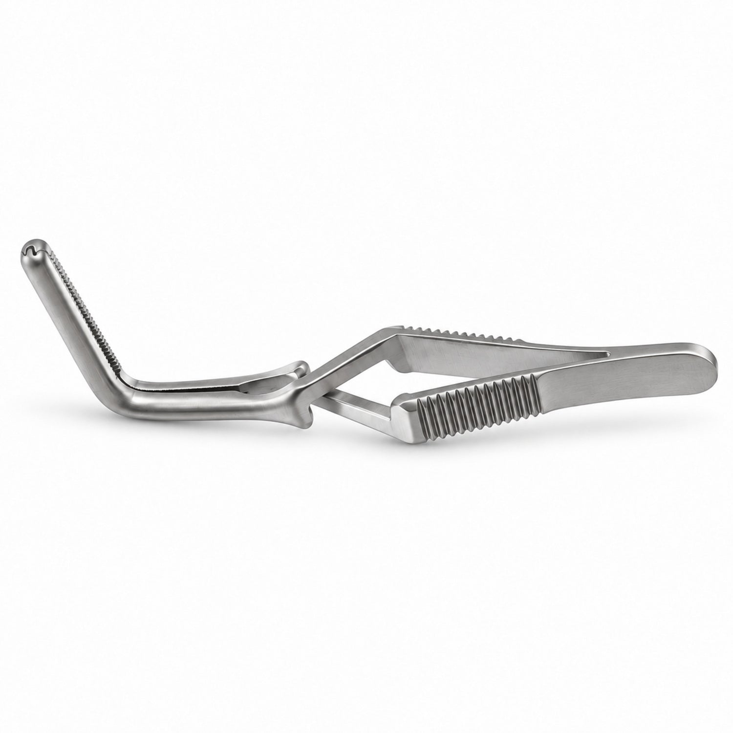 Santulli Bulldog Clamp – Angled DeBakey Jaw — side profile, catalogue illustration on white background