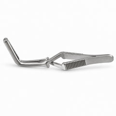 Santulli Bulldog Clamp – Angled DeBakey Jaw — side profile, catalogue illustration on white background