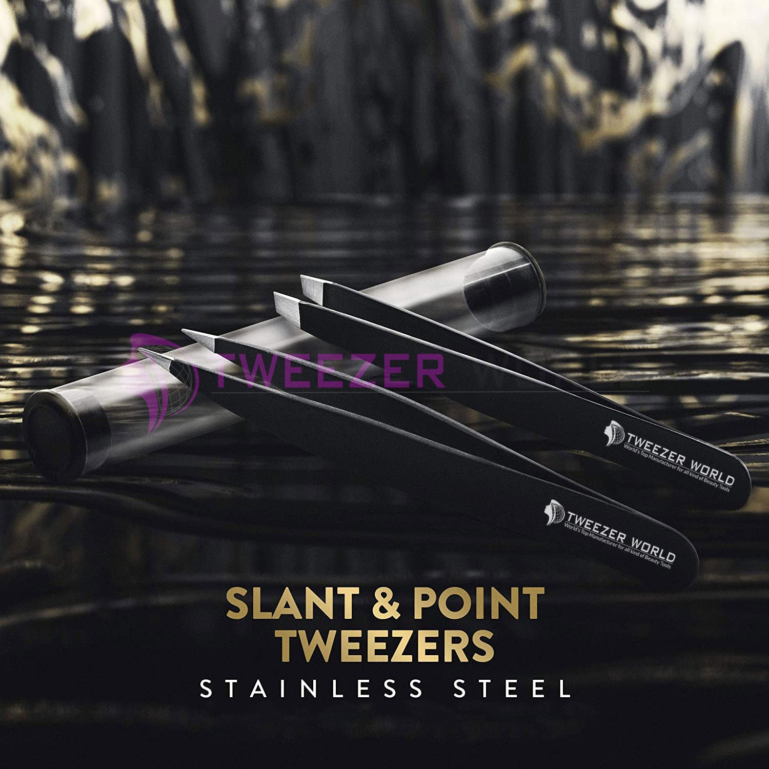 2pcs Black Beauty Slant + Point Tip Best Hair Tweezers Set