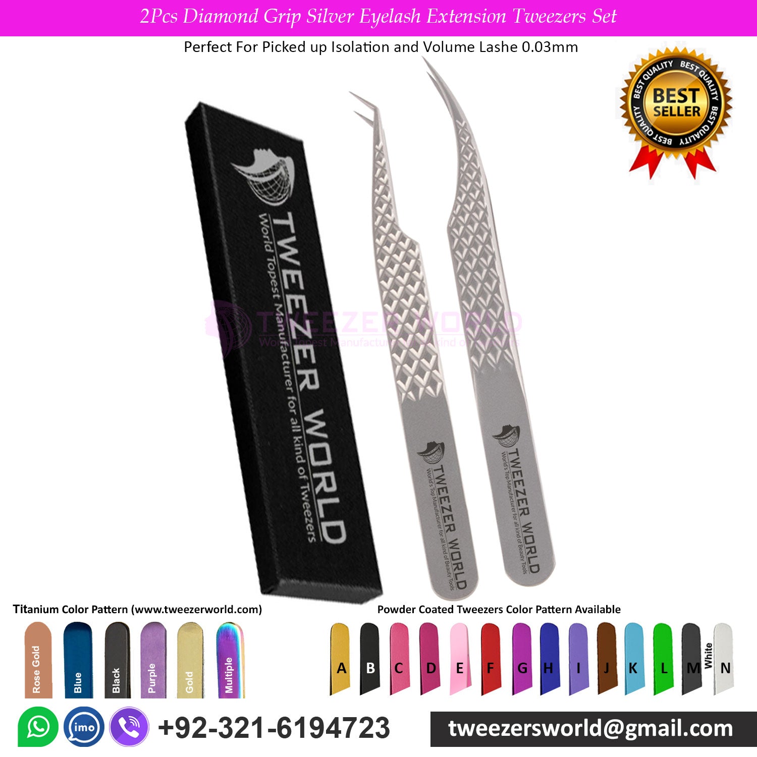 2pcs Diamond Grip Silver Eyelash Extension Tweezers Set