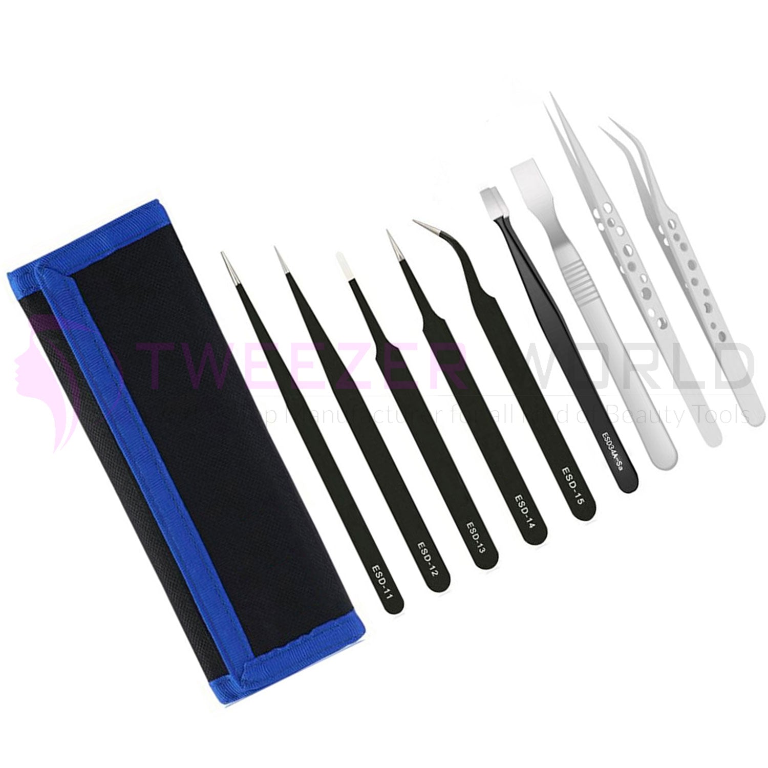 9 Pieces Professional ESD Anti-Static Stainless Steel Tweezers set