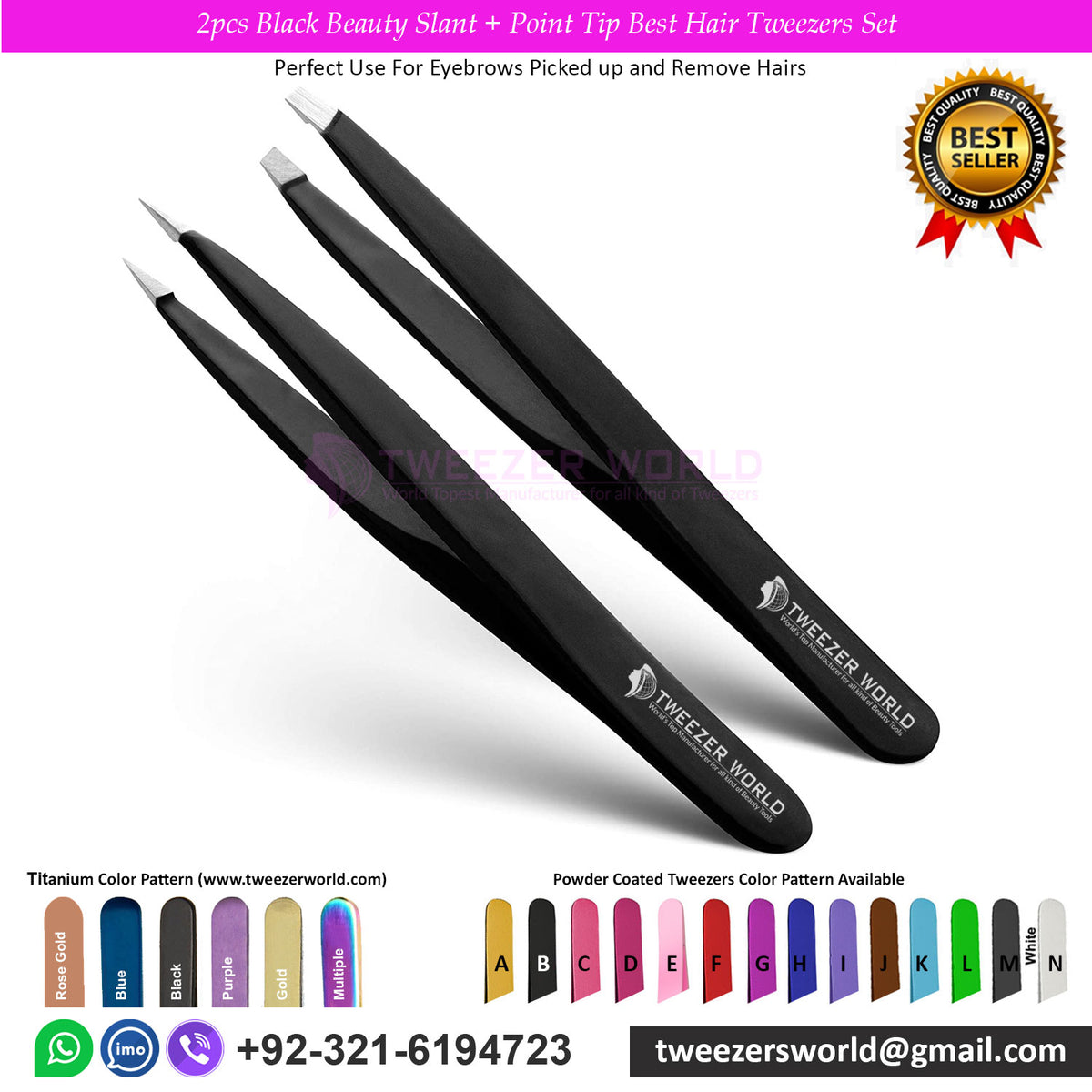 2pcs Black Beauty Slant + Point Tip Best Hair Tweezers Set