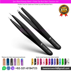 2pcs Black Beauty Slant + Point Tip Best Hair Tweezers Set