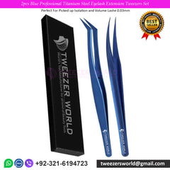 2pcs Blue Professional Titanium Steel Eyelash Extension Tweezers Set