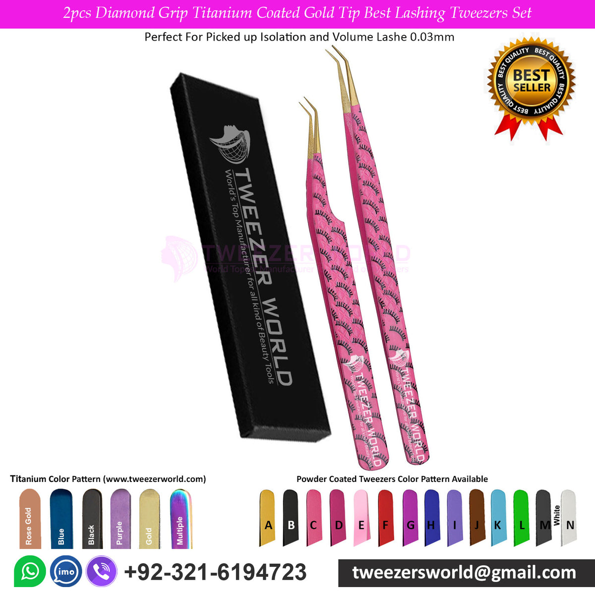 2pcs Diamond Grip Titanium Coated Gold Tip Best Lashing Tweezers Set