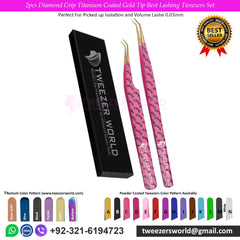 2pcs Diamond Grip Titanium Coated Gold Tip Best Lashing Tweezers Set