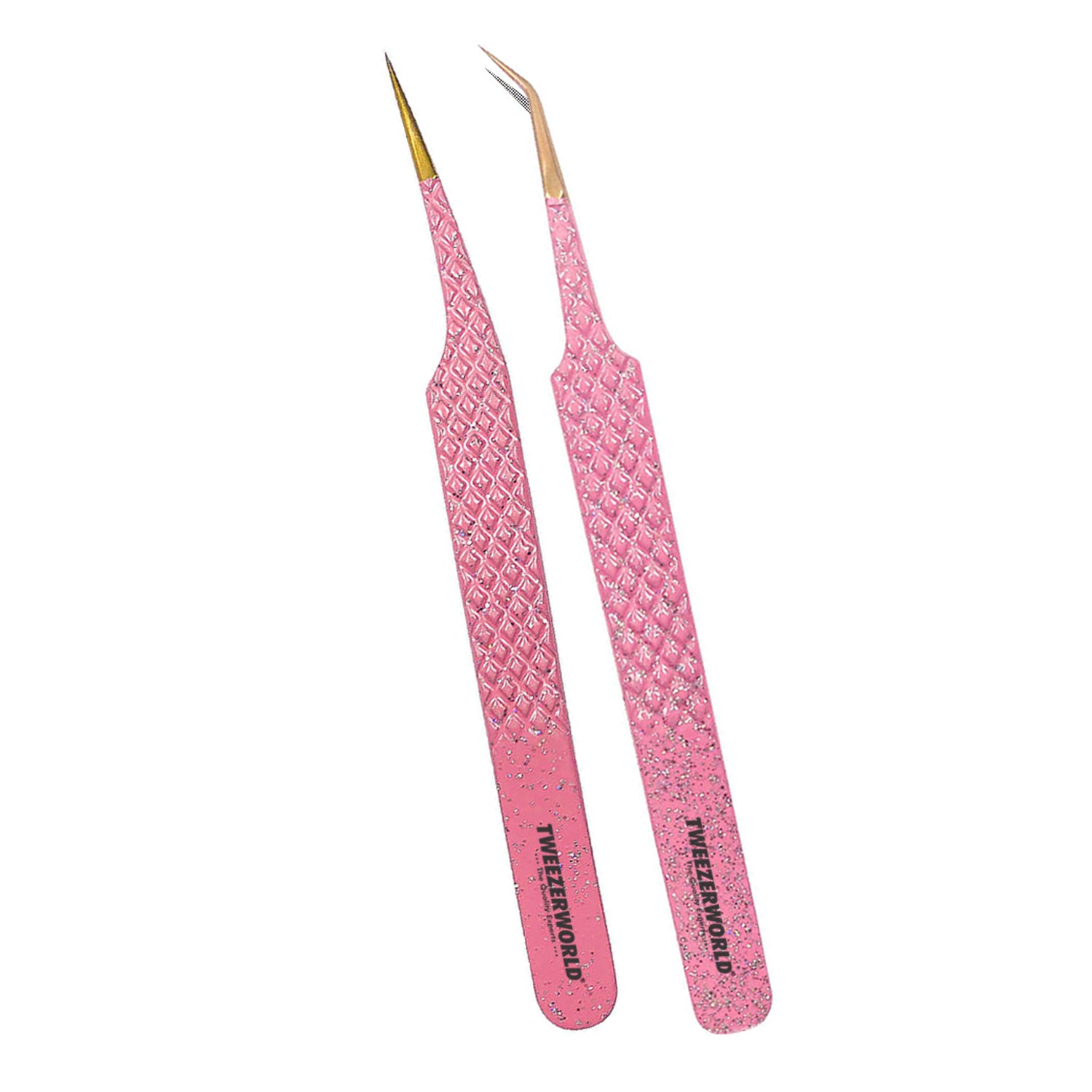 6pcs Pink Handle Gold Tip Best Eyelash Extension Tweezers Set - TWEEZER WORLD