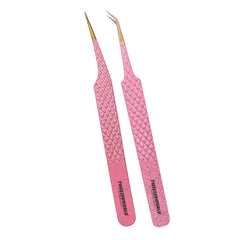 6pcs Pink Handle Gold Tip Best Eyelash Extension Tweezers Set - TWEEZER WORLD