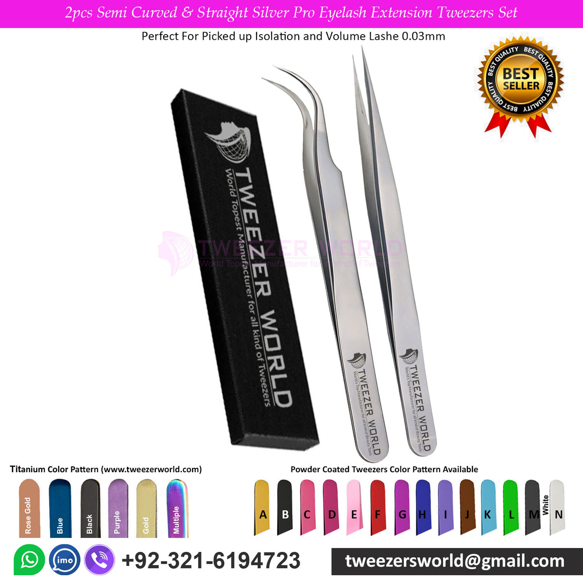 2pcs Semi Curved &amp; Straight Silver Pro Eyelash Extension Tweezers Set