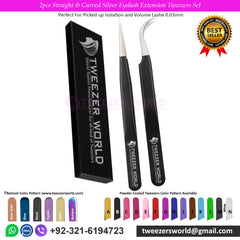 2pcs Straight &amp; Curved Silver Eyelash Extension Tweezers Set