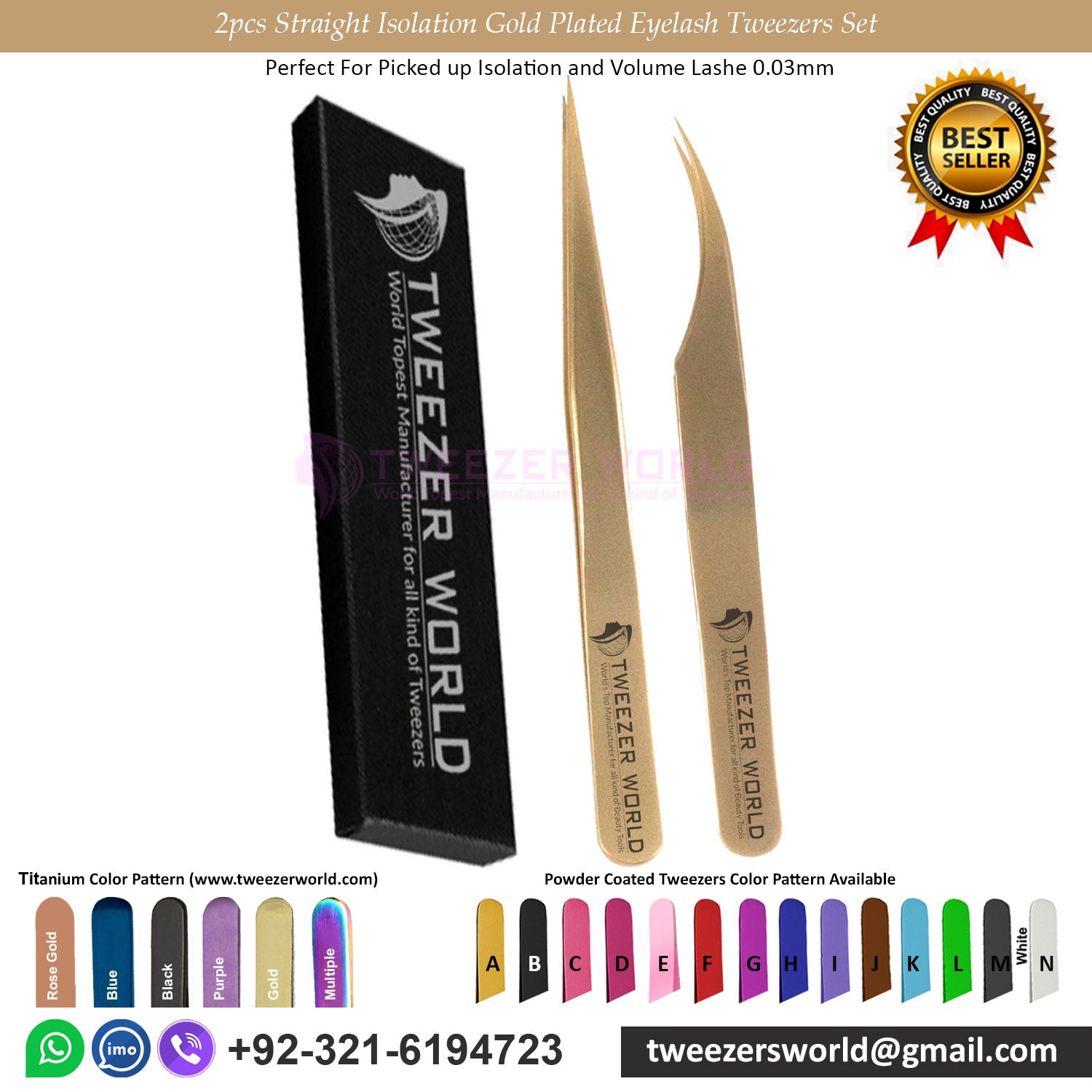 2pcs Straight Isolation Gold Plated Eyelash Tweezers Set