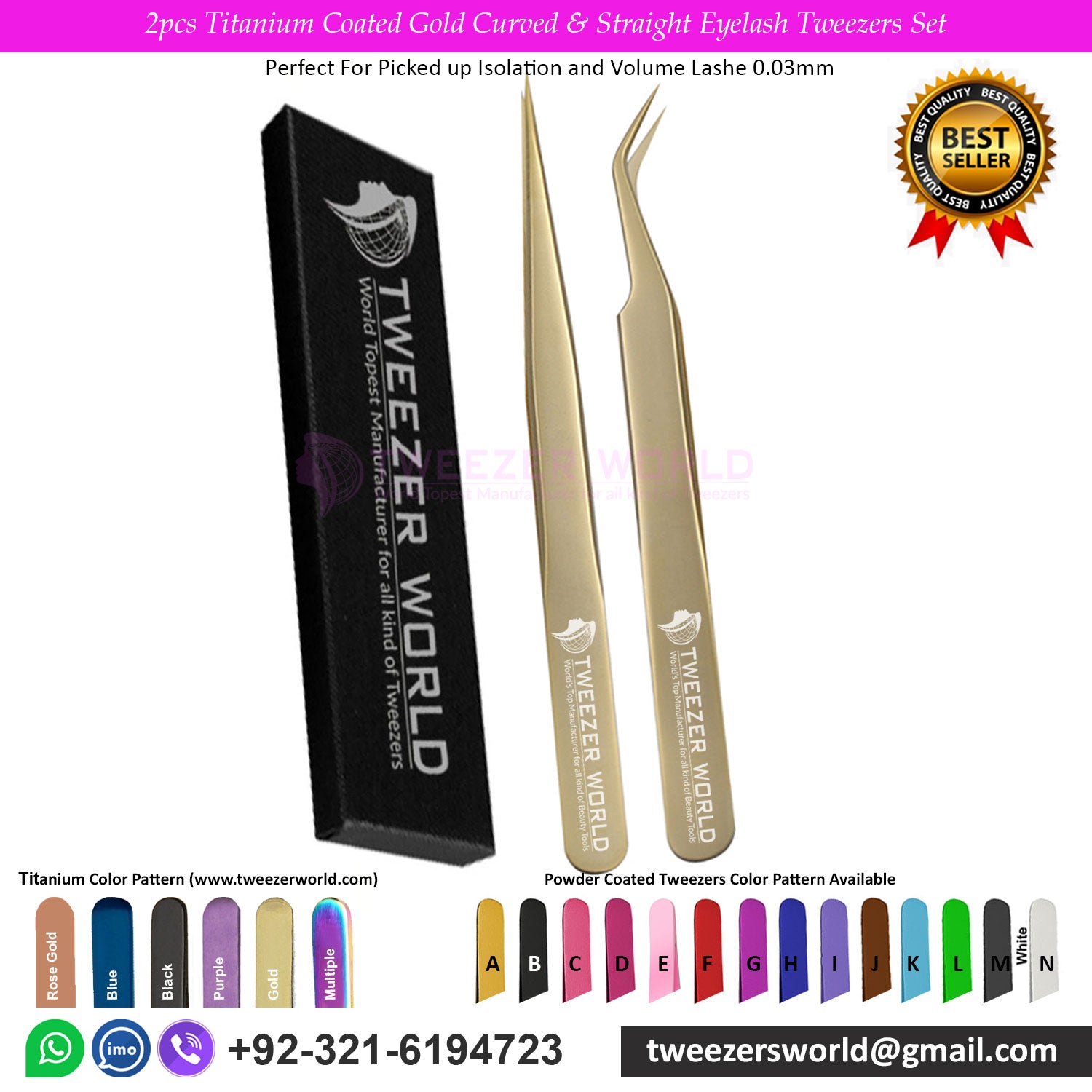 2pcs Titanium Coated Gold Curved &amp; Straight Eyelash TweezersSet