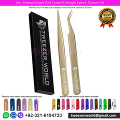 2pcs Titanium Coated Gold Curved &amp; Straight Eyelash TweezersSet