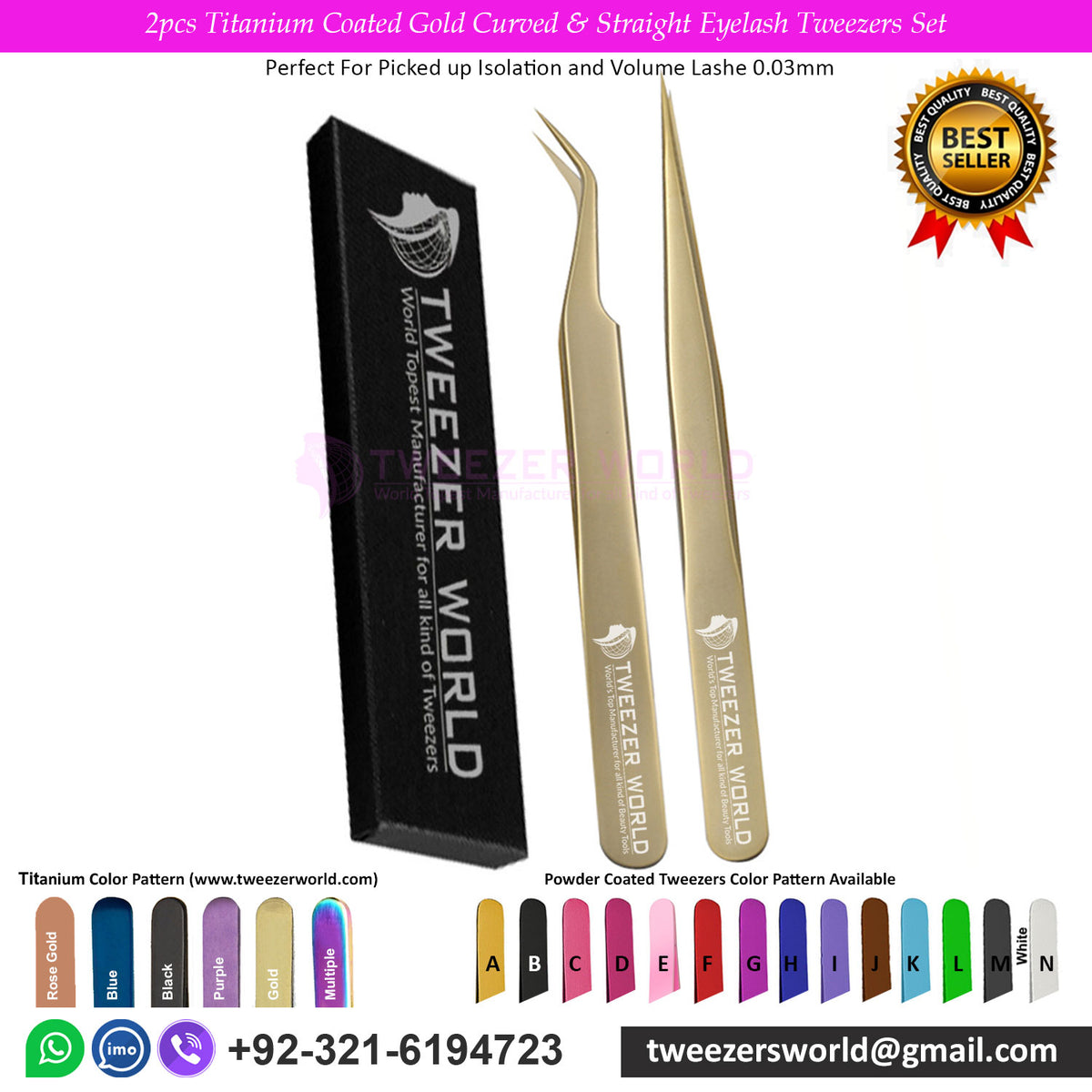 2pcs Titanium Coated Gold Curved &amp; Straight Eyelash TweezersSet