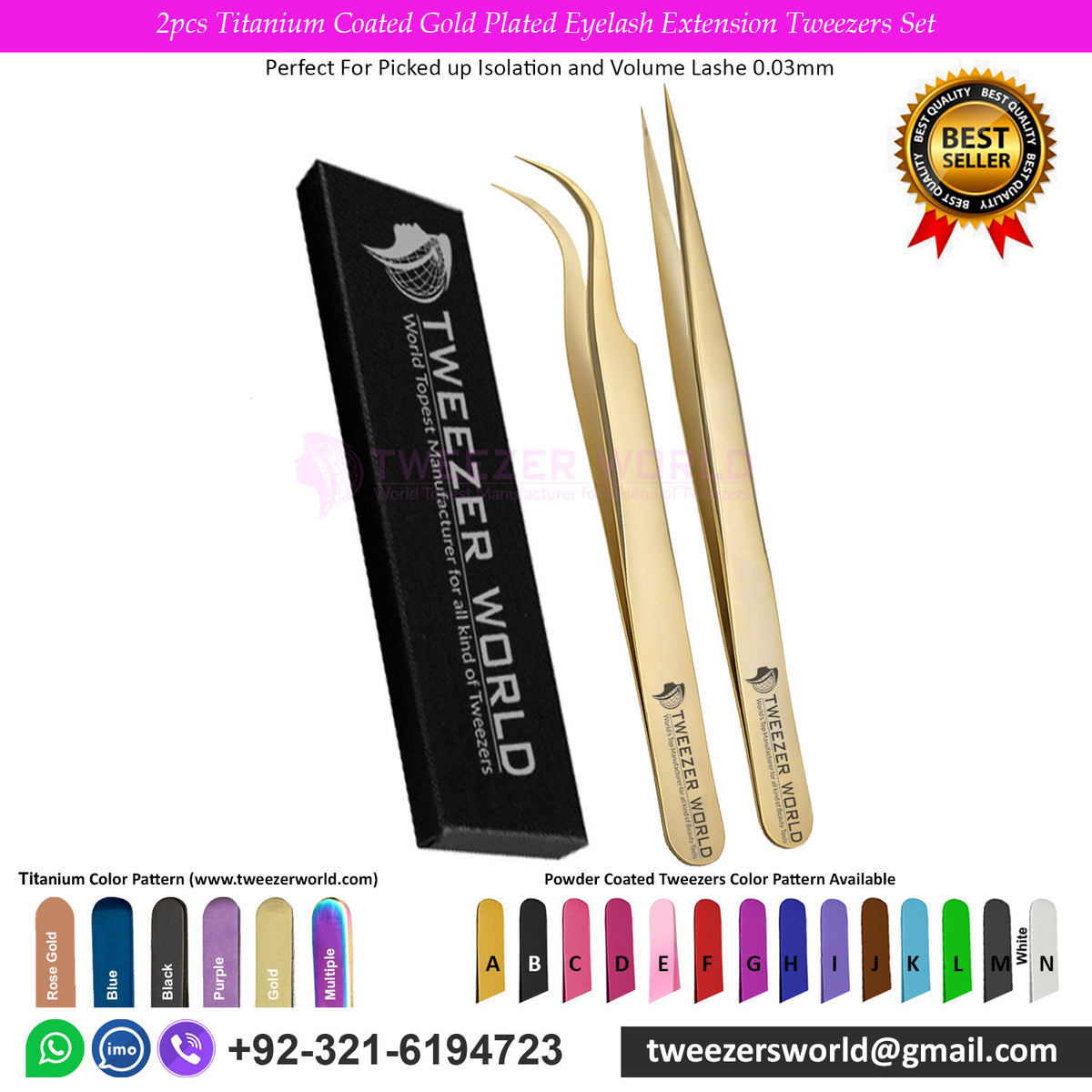 2pcs Titanium Coated Gold Plated Eyelash Extension Tweezers Set