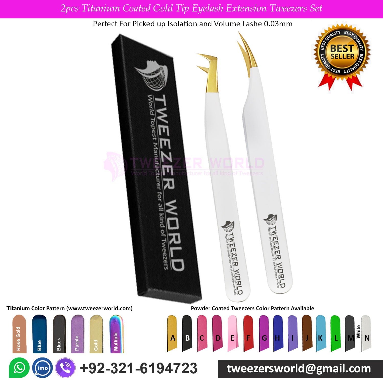 2pcs Titanium Coated Gold Tip Eyelash Extension Tweezers Set