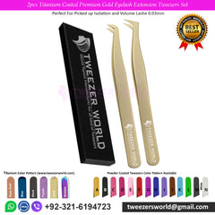 2pcs Titanium Coated Premium Gold Eyelash Extension Tweezers Set