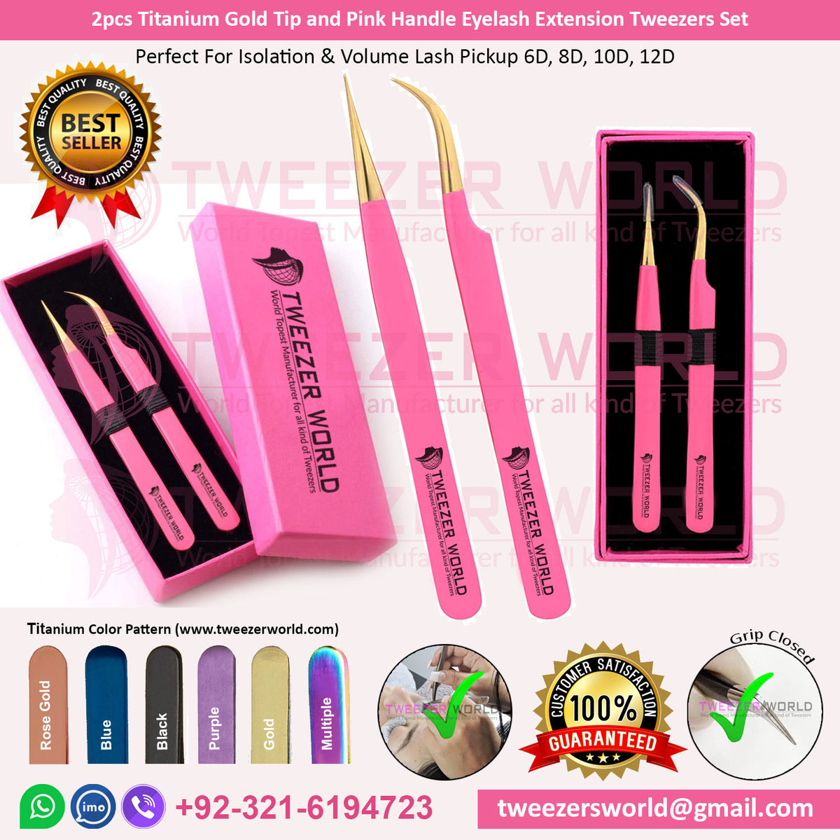 2pcs Pink Gold Best Eyelash Extension Tweezers Set