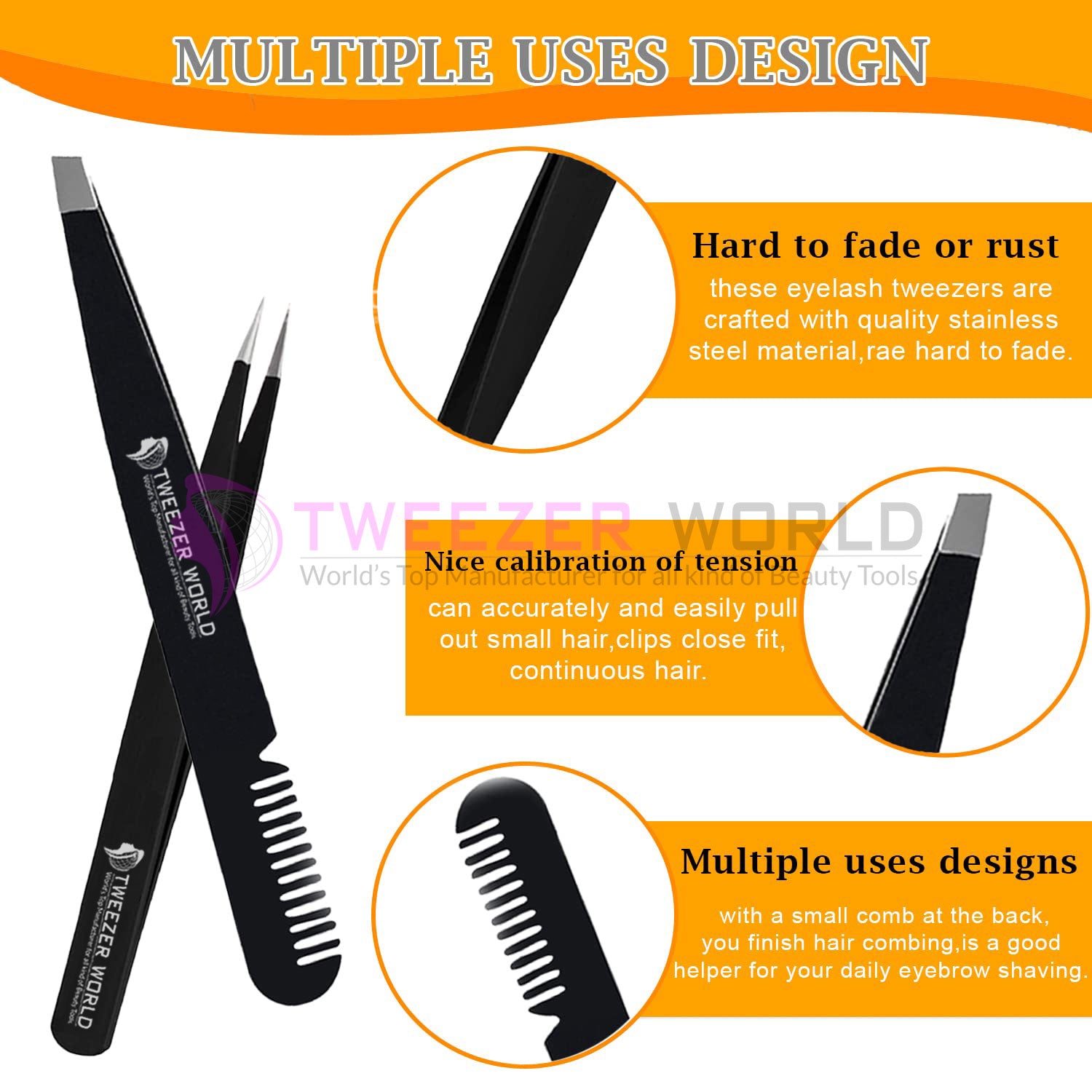 Professional Stainless Steel Black Brow Tweezers (Comb - Pack of 2)