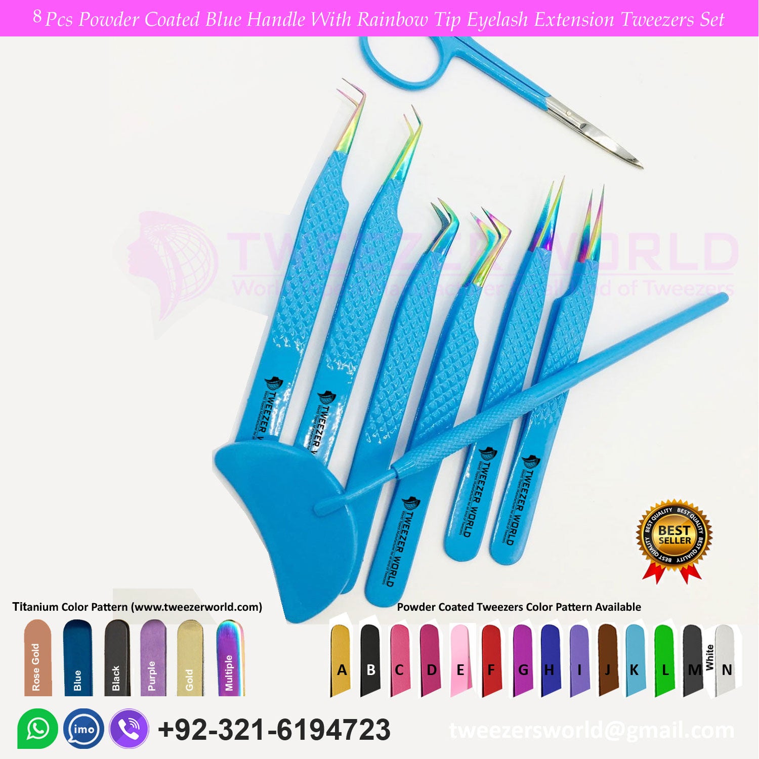 8 Pcs Powder Coated Blue Handle With Rainbow Tip Eyelash Extension Tweezers Set