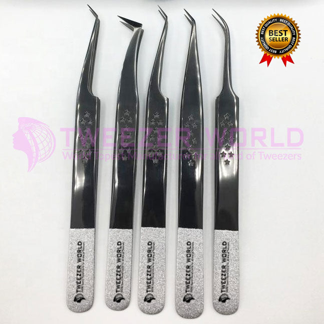 5 Pcs Titanium Black Coated Eyelash Extension Tweezers Set with Eyelash Mirror and Magnet Box