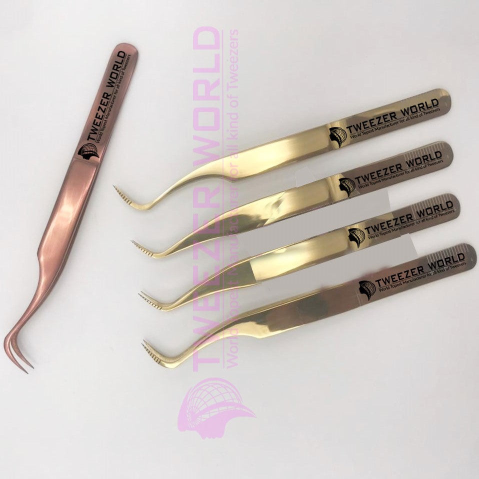 5 Pcs Titanium Rose Gold With Fiber Tip Eyelash Extension Tweezers Set