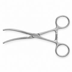 DeBakey Ring-Handle Bulldog Clamp – Curved, 48 mm Jaw — top view, catalogue illustration on white background