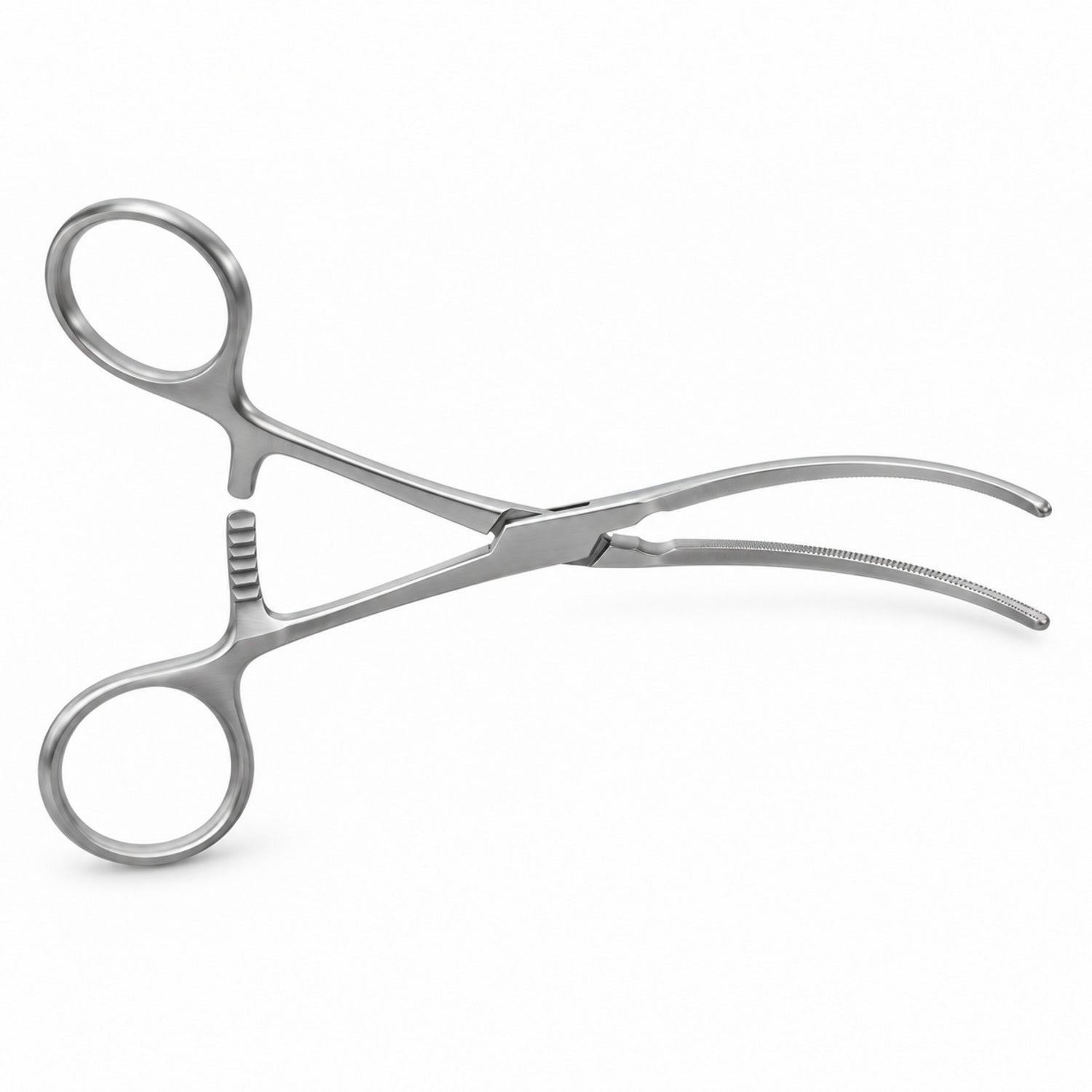 DeBakey Ring-Handle Bulldog Clamp – Curved, 48 mm Jaw — reverse three-quarter view, catalogue illustration on white background