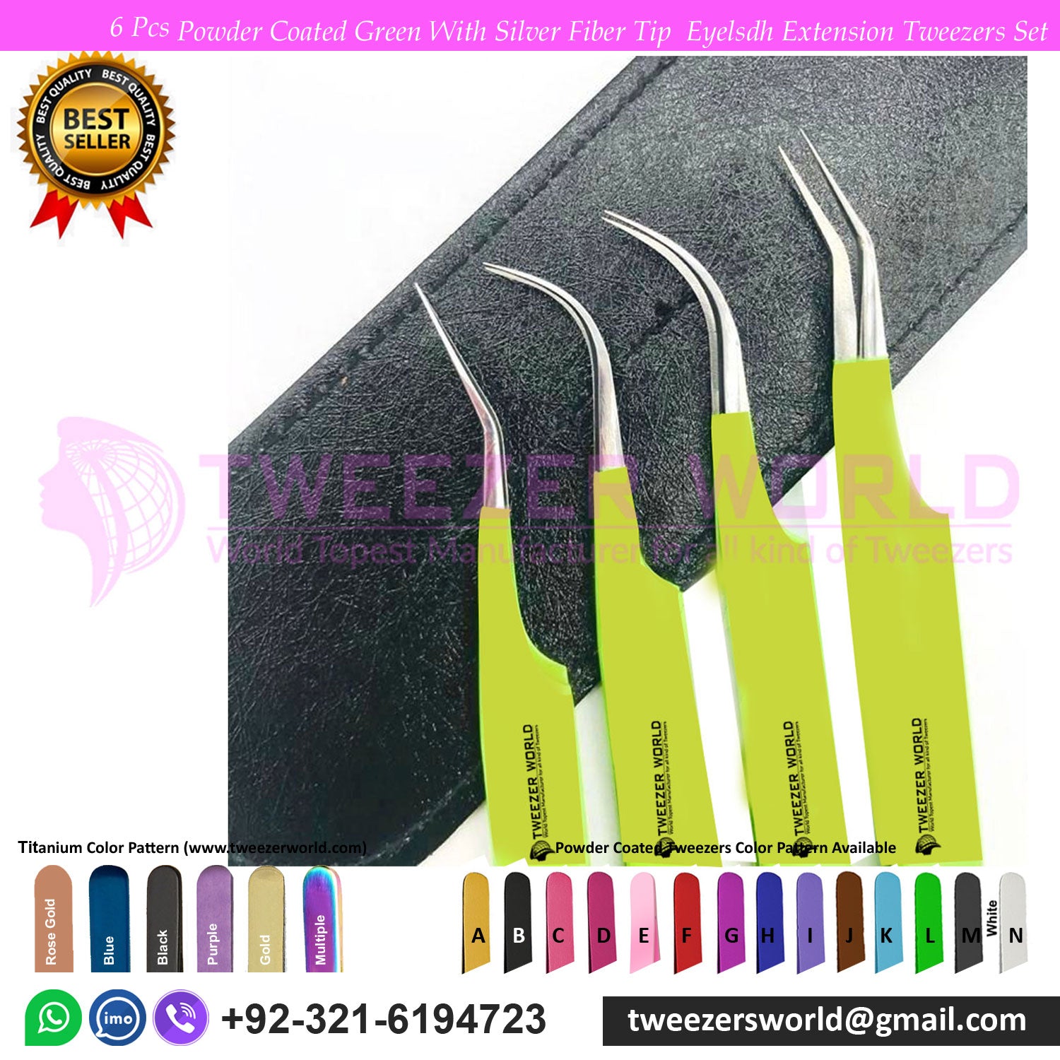 6 Pcs Powder Coated Green With Silver Fiber Tip Eyelash Extension Tweezers Set