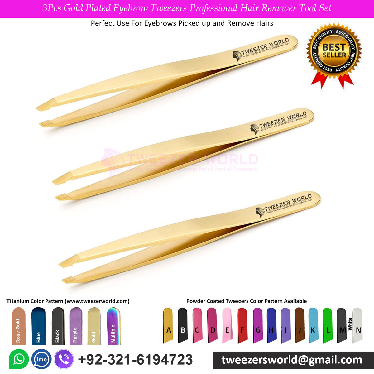 3Pcs Gold Plated Eyebrow Tweezers Professional Hair Remover Tool Set