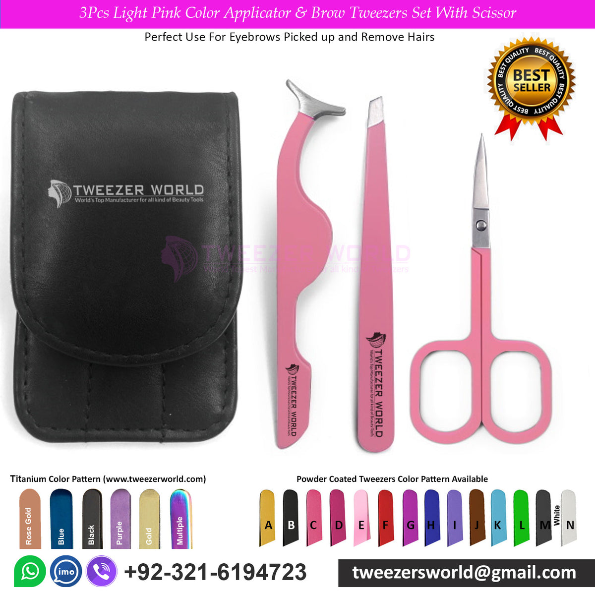 3Pcs Light Pink Color Applicator &amp; Brow Tweezers Set With Scissor