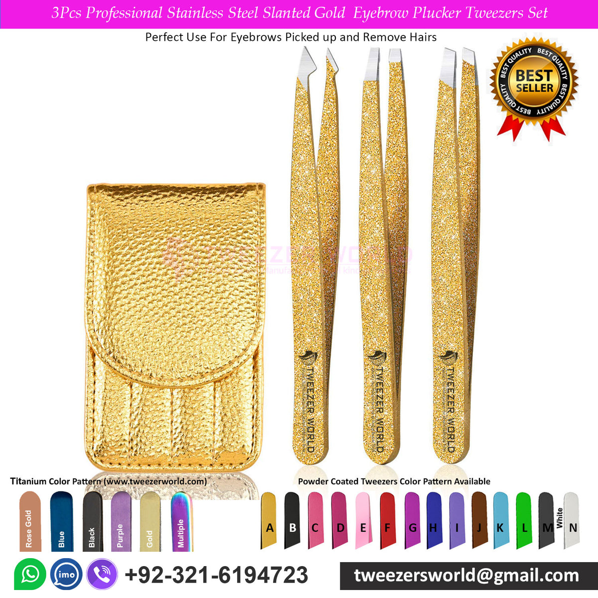 3Pcs Professional Stainless Steel Slanted Gold Eyebrow Plucker Tweezers Set