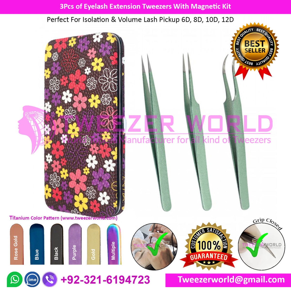 3Pcs of Eyelash Extension Tweezers With Magnetic Kit