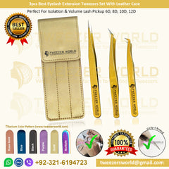 3pcs Best Eyelash Extension Tweezers Set With Leather Case