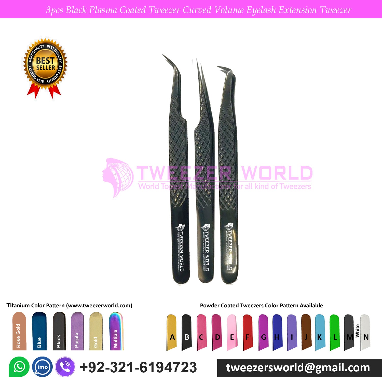 3pcs Black Plasma Coated Curved Volume Eyelash Tweezers Set