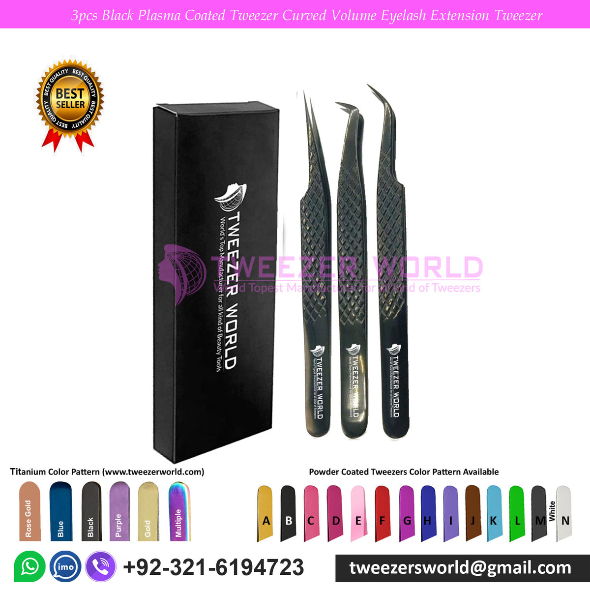 3pcs Black Plasma Coated Curved Volume Eyelash Tweezers Set