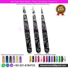 3pcs Classic Black Slanted + Pointed Top Eyebrow Tweezers Set