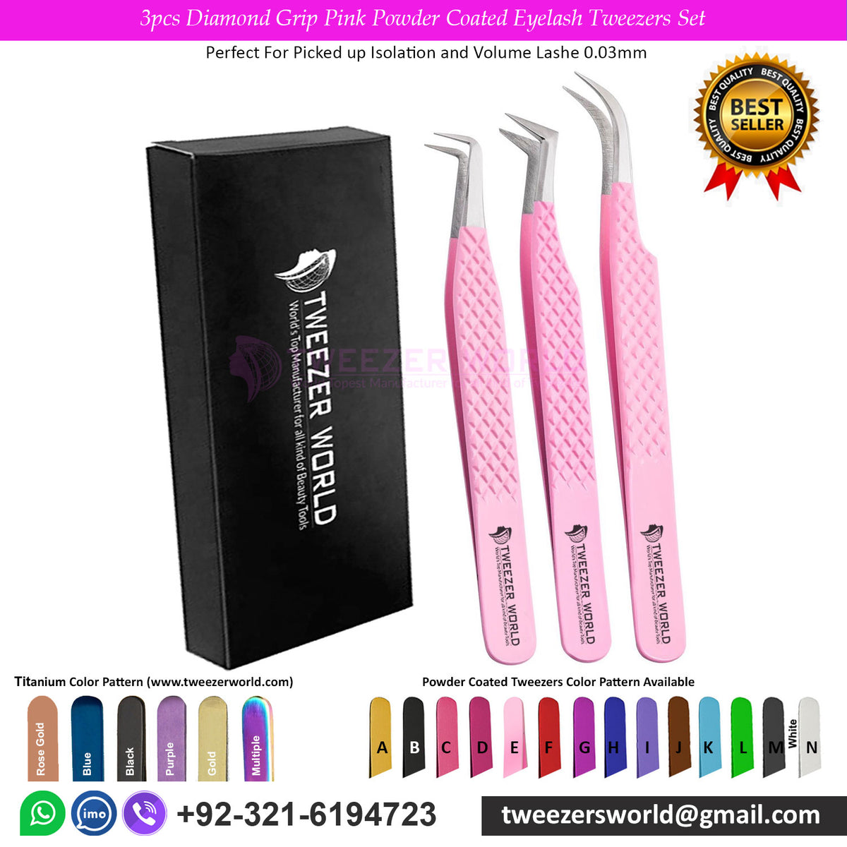 3pcs Diamond Grip Pink Powder Coated Eyelash Tweezers Set