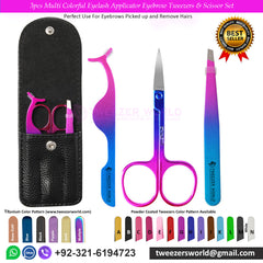 3pcs Multi Colorful Eyelash Applicator Eyebrow Tweezers &amp; Scissor Set