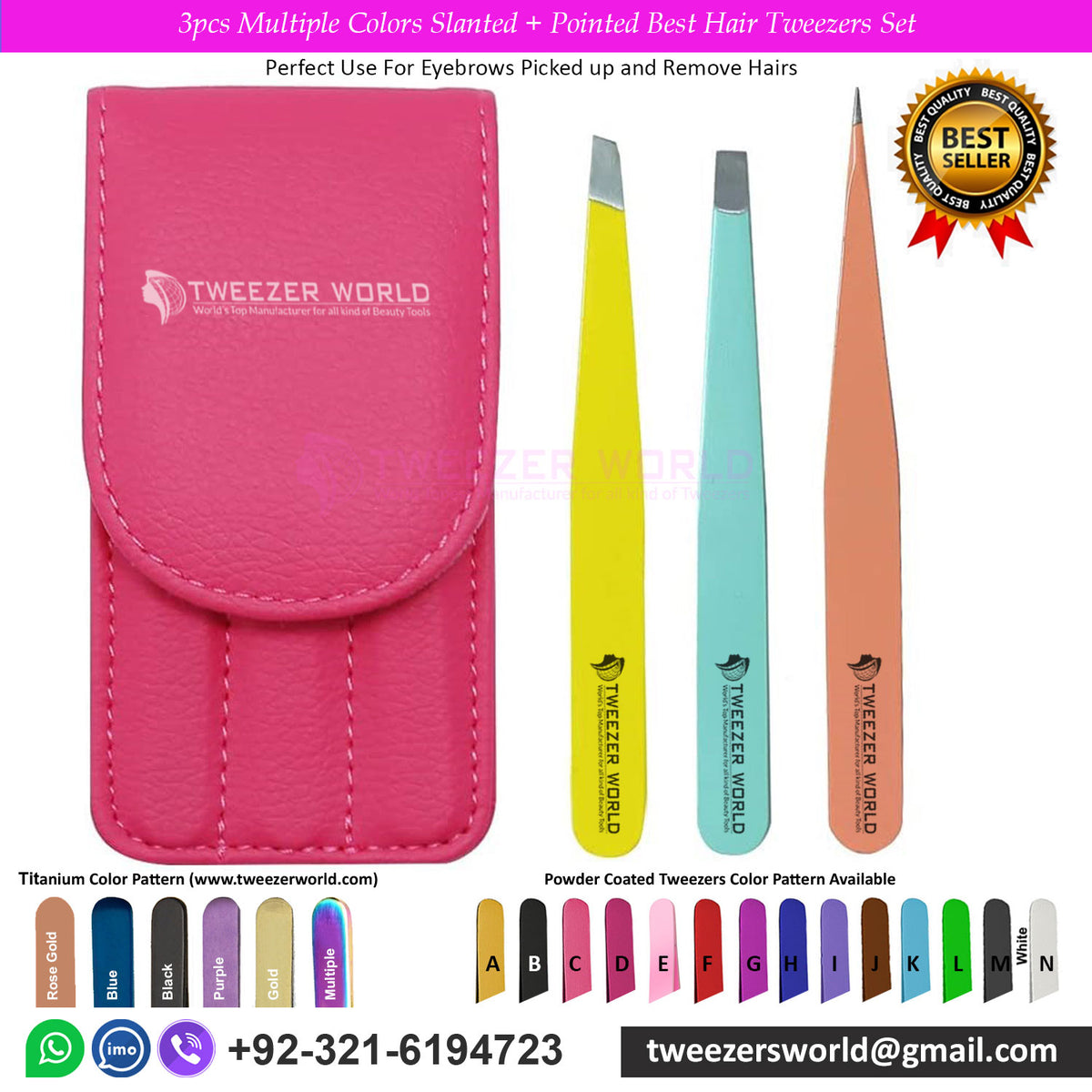 3pcs Multiple Colors Slanted + Pointed Best Hair Tweezers Set