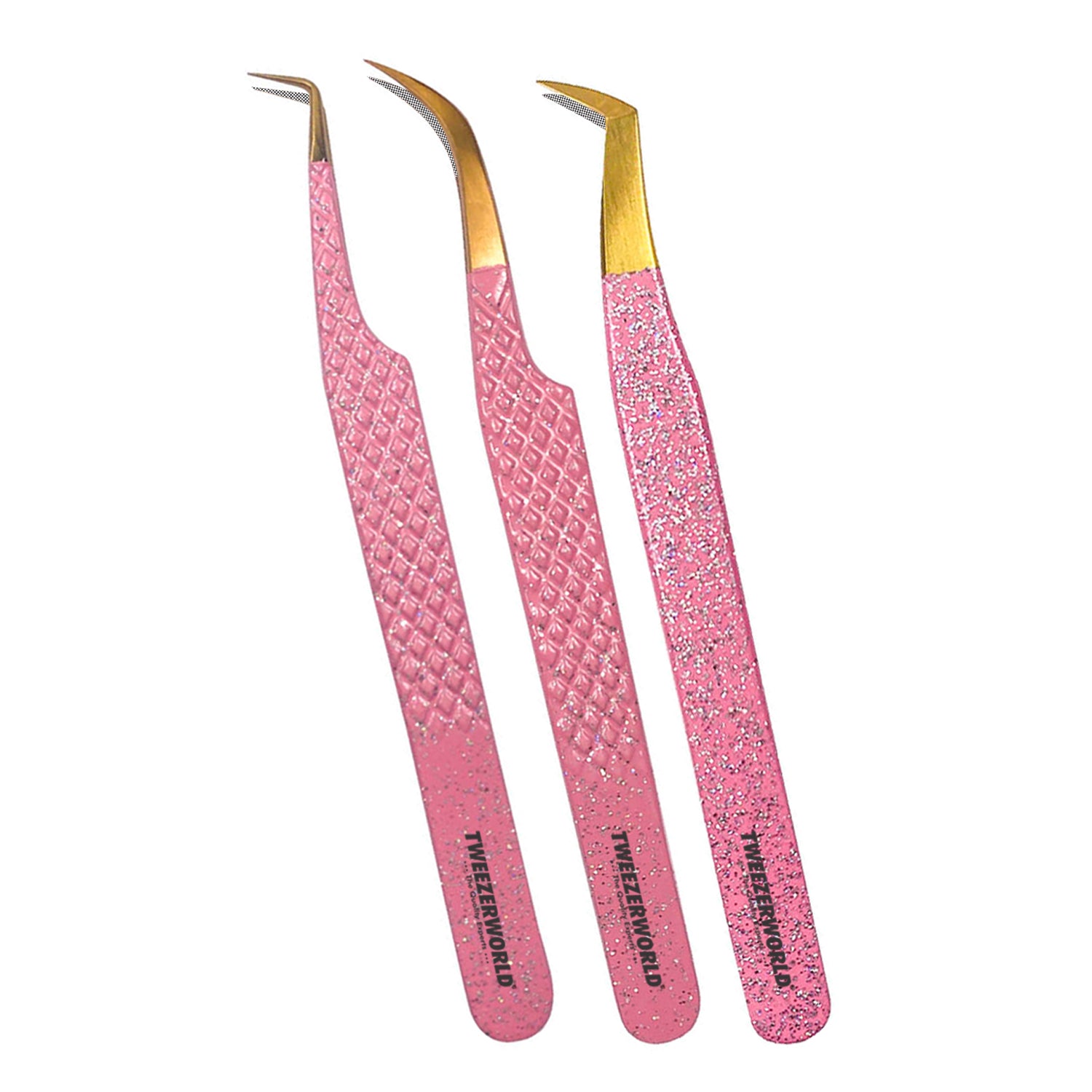 6pcs Pink Handle Gold Tip Best Eyelash Extension Tweezers Set - TWEEZER WORLD