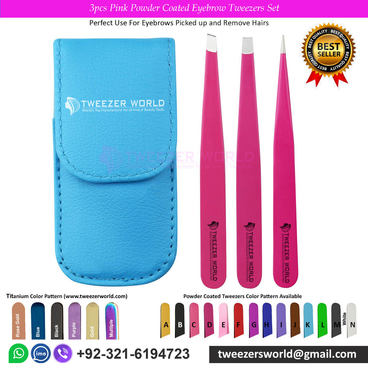 3pcs Pink Powder Coated Eyebrow Tweezers Set