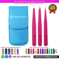 3pcs Pink Powder Coated Eyebrow Tweezers Set